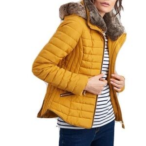 Joules Mustard Puffer Jacket with Faux Fur Collar